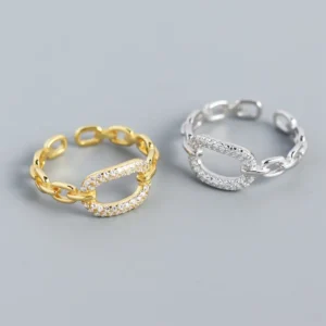RENSINO 925 Sterling Silver Minimalist Chain Crystal Zircon Opening Finger Rings for Women Men