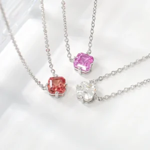RENSINO 925 Sterling Silver Moissanite Fine Jewelry Simple Square Cut Claw Setting Pink Sapphire Charms Necklace
