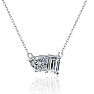 RENSINO 925 Sterling Silver Moissanite Heart & Emerald Cut Pendant Necklace VVS D Color Lab Diamond 2CT Solitaire Chain for Women