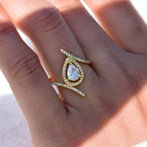 RENSINO 925 Sterling Silver Moissanite Ring Pear Shape Center Stone with Micro Pave Diamond 18K Gold Plated Sparkling Engagement Ring