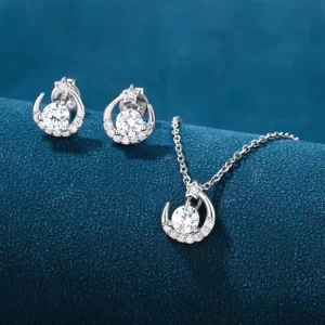 RENSINO 925 Sterling Silver Moon Star Zircon Necklace Earring Set Bridal Wedding Party Jewelry for Women Gift