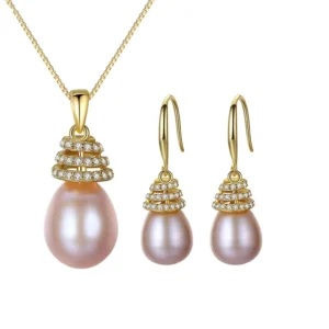 RENSINO 925 Sterling Silver Multi Color Freshwater Pearl Jewelry Set Fine Spiral Zirconia Gold Plated Pendant Necklace and Earrings