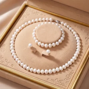 RENSINO 925 Sterling Silver Natural Freshwater Pearl Necklace & Earrings Set with Round White Pearls for Women Birthday Anniversary Gift