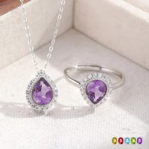 RENSINO 925 Sterling Silver Natural Gemstone Crystal Healing Jewelry Set Necklace & Ring for Women Gift with Color Box