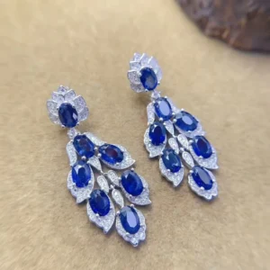RENSINO 925 Sterling Silver Natural Sapphire 4*6mm Oval Cut Long Hoop Handmade Jewelry for Women