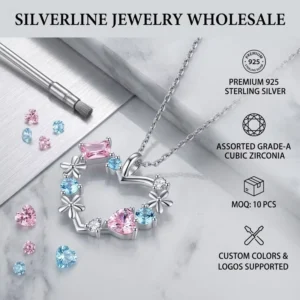 RENSINO 925 Sterling Silver Necklace Gold Plated CZ Flower Wreath Pendant Sweet Colorful Crystal Gift Hearts Necklace