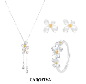 RENSINO 925 Sterling Silver Necklace Ring Earring Gardenia Flower Style Jewelry Set for Women Wedding Gift