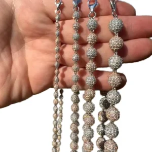 RENSINO 925 Sterling Silver Necklace Rosary Ball Iced Moissanite Two-Tone Cuban Link Chain