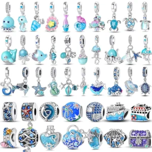 RENSINO 925 Sterling Silver Ocean Sky Blue Sea Turtle Starfish Little Crab Octopus Charms Bead Fit 925 Bracelet DIY Jewelry
