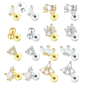 RENSINO 925 Sterling Silver Opal Internal Threaded Earring Helix Studs Tragus Cartilage Conch Nose Piercing Body Jewelry Lip Monroe Stud