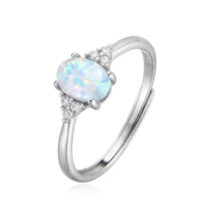 RENSINO 925 Sterling Silver Oval White Fire Opal Ring for Women Oval Opal Engagement Ring