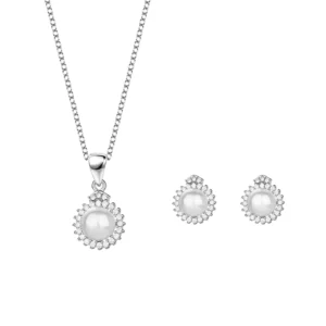 RENSINO 925 Sterling Silver Pearl Heart Jewelry Set with Necklace and Earrings
