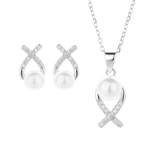RENSINO 925 Sterling Silver Pearl Pendant Necklace for Women and Girls Earrings Bridal Jewelry Set
