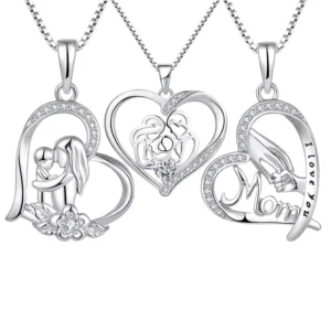 RENSINO 925 Sterling Silver Pendant Love Heart Mom Mother and Child Hands Heart Pendant for Mothers Day Gift