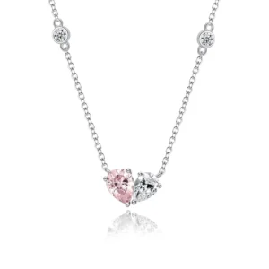 RENSINO 925 Sterling Silver Pink Heart Pendant Necklace Two Zircon Crystal Love Statement Necklace for Valentine’s Day Gift