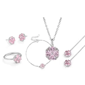 RENSINO 925 Sterling Silver Pink Zircon Four Leaf Clover Pendant Necklace Bracelet Earrings Sets Fine Jewelry Set