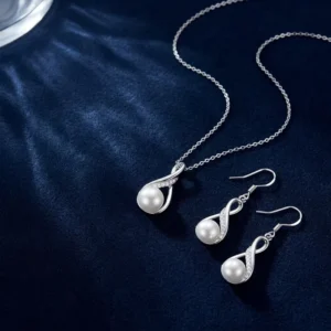 RENSINO 925 Sterling Silver Platinum Plated Infinity Pearl Jewelry Set Dangle Earrings Pendant Necklace Trendy Wedding Jewelry for Women
