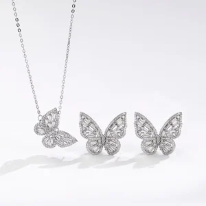 RENSINO 925 Sterling Silver Platinum Plated Luxury Fashion Locket Necklace Earring Set Cubic Zircon Butterfly Pendant Women’s Jewelry