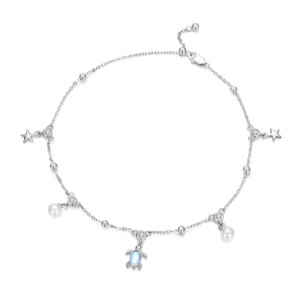 RENSINO 925 Sterling Silver Platinum Plated Sparkling Sea Turtle Shell Pearl Star Anklet Fashion Jewelry 25.5cm (10.04inch) Gift