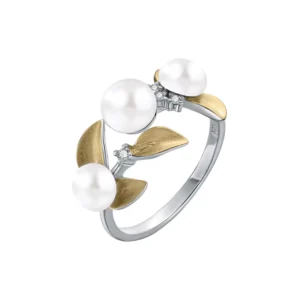 RENSINO 925 Sterling Silver Potato Shape Pearl Trendy Three-Pearl Leaf Design Wedding Party Ring Women’s Silver Plated Jewelry