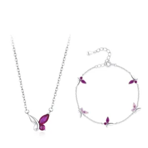 RENSINO 925 Sterling Silver Purple Rose Pink Zircon Butterfly Shape Necklace Earrings Set Classic Butterfly 2 Piece Set for Women