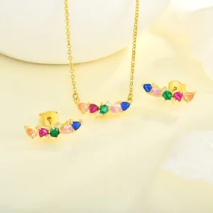 RENSINO 925 Sterling Silver Rainbow Zirconia Jewelry Set Gold Plated Colorful Cubic Zirconia Necklace & Earrings Set