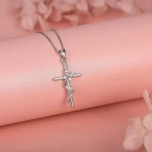 RENSINO 925 Sterling Silver Religious Jewelry Rhodium Plated Christian Cross Pendant Necklace with Zircon for Gift or Party