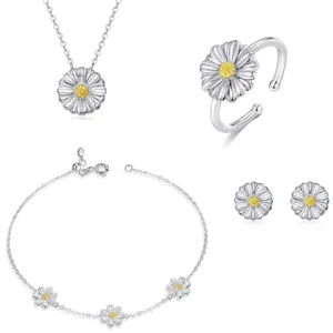 RENSINO 925 Sterling Silver Republic of Korea Fashion Jewelry Daisy Flower Necklace Earring Ring Bracelet with Zircon for Weddings Gifts