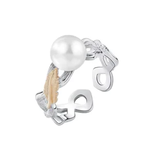 RENSINO 925 Sterling Silver Retro Opening Pearl Ring Gold Plated Finish Unique Geometric Leaf Design for Women