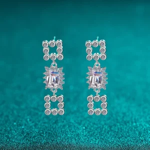 RENSINO 925 Sterling Silver Rhodium Plated Brilliant Cut White Moissanite Stone Geometric Drop Earrings Unisex Luxury Trendy Claw