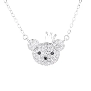 RENSINO 925 Sterling Silver Rhodium Plated Certified Cute Bear Zircon Pendant Necklace Unisex Elegant Trendy Link Chain Party Jewelry