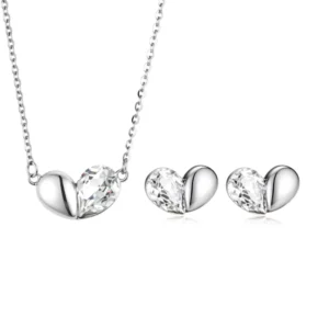 RENSINO 925 Sterling Silver Rhodium Plated Heart Jewelry Set Crystal Necklace Stud Earrings for Women Minimalist Design Wedding Party
