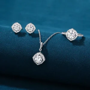 RENSINO 925 Sterling Silver Rhodium Plated Trendy Octagon Zircon Ring Necklace Earring Set Bridal Jewelry Gift Women Wedding Party