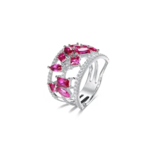RENSINO 925 Sterling Silver Rhodium Plated Zircon Ruby Ring Custom Luxury Gemstone Rings for Women Wedding Party