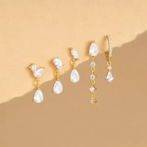 RENSINO 925 Sterling Silver Rhombus Egg Water Drop Geometric Zirconia Pendant Tassel Dainty Stud Earring for Women As Fashion Gift