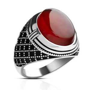 RENSINO 925 Sterling Silver Ring for Men with Natural Agate Stone Handmade Vintage Jewelry