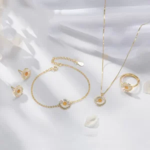 RENSINO 925 Sterling Silver Rings Daisy Earrings Necklaces Bracelets Jewelry Set