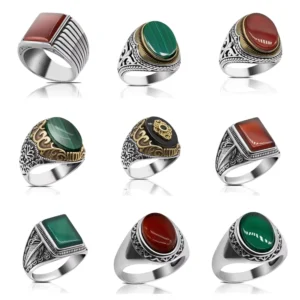 RENSINO 925 Sterling Silver Rings for Men with Big Natural Onyx Malachite Stone Vintage Handmade Statement Wedding Ring for Male Female