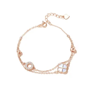 RENSINO 925 Sterling Silver Rose Gold Double Layer Charm Chain Fine Jewelry Custom Bracelet for Women’s Gift