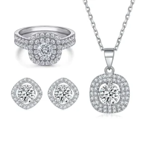 RENSINO 925 Sterling Silver Round Center Stone Square Double Halo Row Cubic Zircon Luxury Fashion Weeding Jewelry Sets for Women