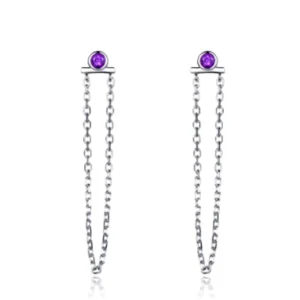 RENSINO 925 Sterling Silver Round Cut Amethyst Chain Tassel Drop Earrings