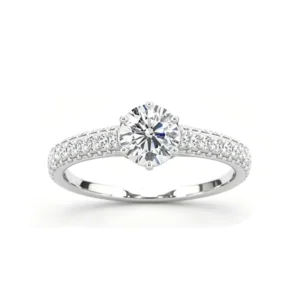 RENSINO 925 Sterling Silver Round Cut Lab Grown Diamond Ring Pave Band Solitaire Engagement Ring Women’s Fine Jewelry