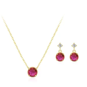 RENSINO 925 Sterling Silver Round Ruby Zircon Pendant Necklace Earrings Set Engagement Wedding Party 2-Piece Jewelry Set for Women