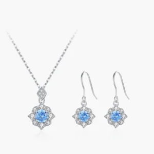 RENSINO 925 Sterling Silver Sea Blue Zircon Flower Pendant Necklace Earrings for Women Wedding Engagement Bridal Jewelry Suit