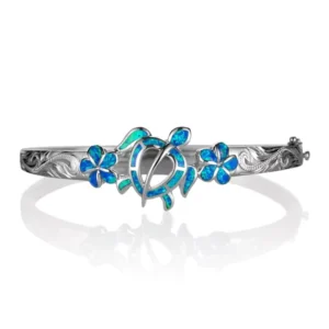 RENSINO 925 Sterling Silver Sea Life Inlay Opal Jewelry Carved Plumeria Flower Turtle Bangle Bracelet