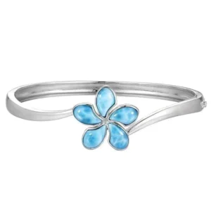 RENSINO 925 Sterling Silver Sea Life Tropical Jewelry Natural Dominican Larimar Plumeria Bangle Plumeria Flower Bracelet for Women