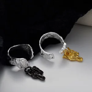 RENSINO 925 Sterling Silver Shaped Texture Ring Open Color Pendant Ring