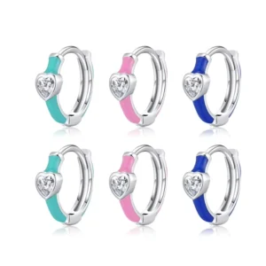 RENSINO 925 Sterling Silver Shining Heart Cz Fine Jewelry High end Klein Blue Enamel Hoop Earrings