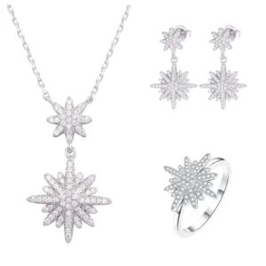 RENSINO 925 Sterling Silver Simple Moon Star Fine Jewelry Set Zircon Stone Inlaid Necklace Earrings Ring for Women Party Holiday Gift