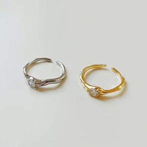 RENSINO 925 Sterling Silver Single Zircon Rings for Women 18K Gold Plated Irregular Wave Adjustable Wedding Jewelry